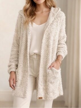 Anthro’s POL Hooded Boucle Cardigan Sweater Oatmeal Cozy Cabin Core Boho Size S